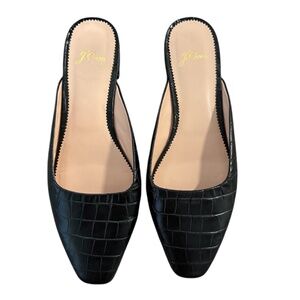 J. Crew Carolyn Mule Flats Slides Croc Embossed Leather Size 8.5 Black